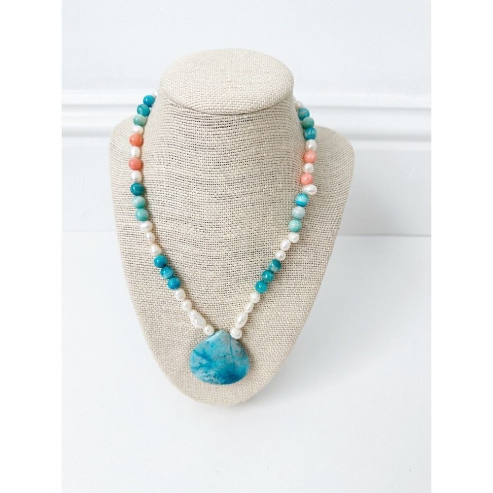 NWT Genuine Pink Coral, Turquoise & Pearl Necklace Pink Blue White Beaded